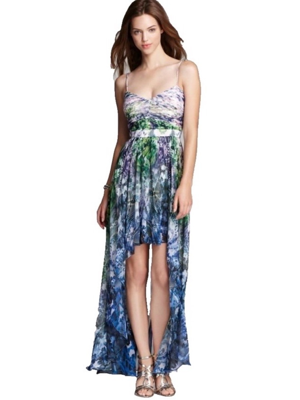Aidan Mattox Romantic Watercolor Floral High-Low Chiffon Gown Size 4 Whimsical